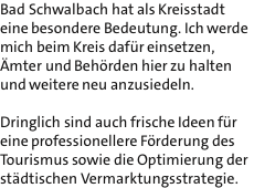 Bad Schwalbach hat als Kreisstadt eine besondere Bedeutung. Ich werde mich beim Kreis dafr einsetzen, mter und Behrden hier zu halten und weitere neu anzusiedeln.  Dringlich sind auch frische Ideen fr eine professionellere Frderung des Tourismus sowie die Optimierung der stdtischen Vermarktungsstrategie.